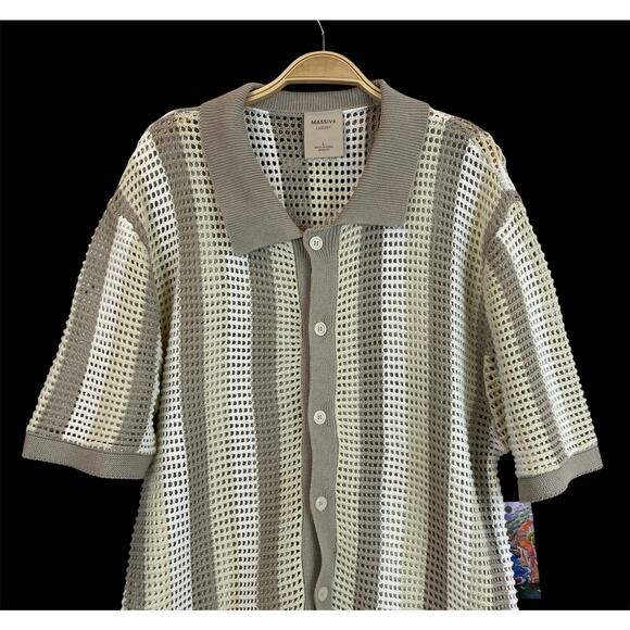 Massive Luxury Cotton Striped Crochet Shirt Men M Gray Butter Cream Open Knit - Picture 1 of 9